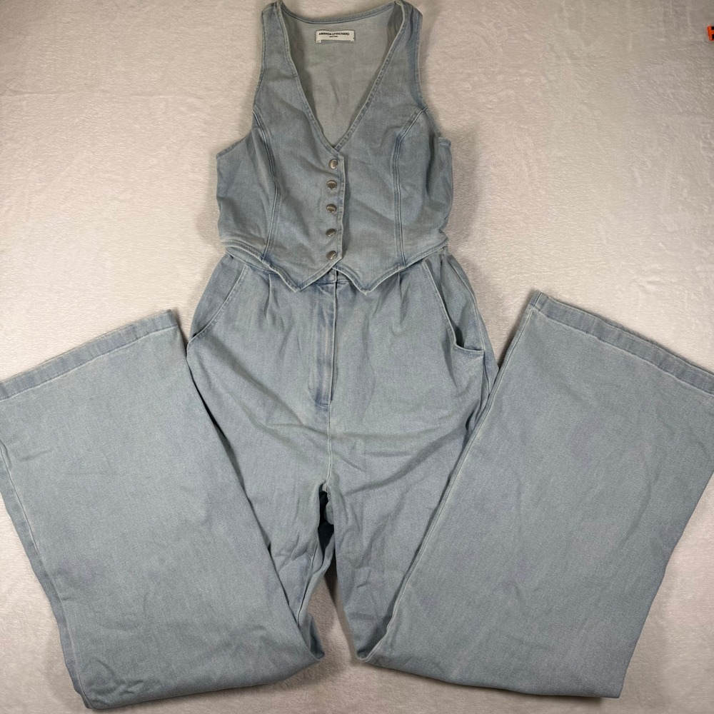 Amanda Uprichard Denim Jumpsuit Light Wash Wide Leg Sleeveless V-Neck Medium